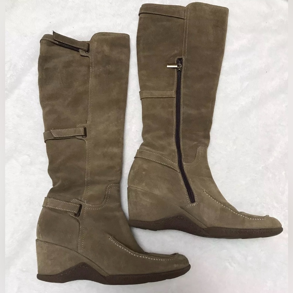 Aquatalia Womens Suede Knee High Heel Boots Taupe US 7.5